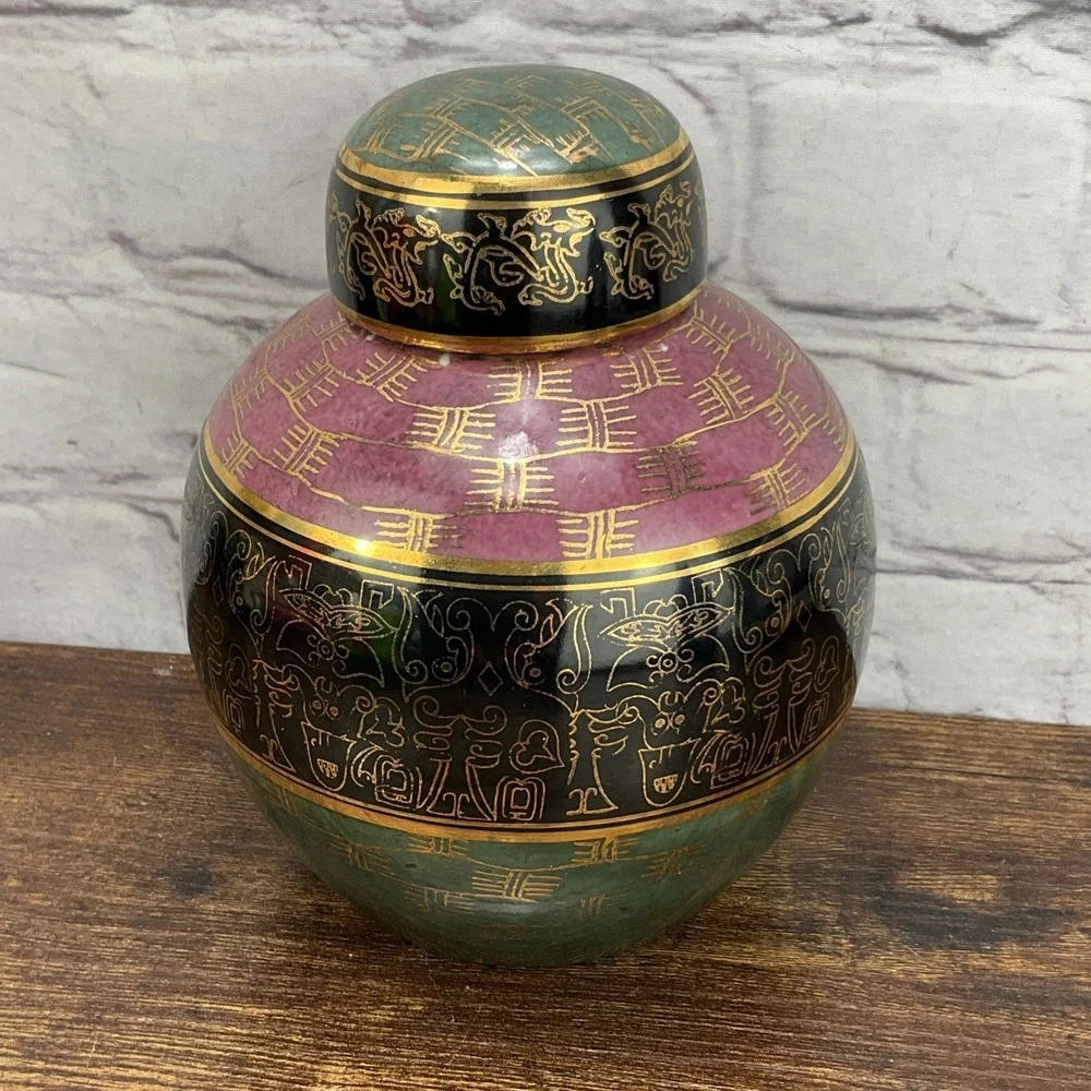 Vintage Chinese Ginger Jar Black Green And‎ Pink Elaborate Gold Design Dragon